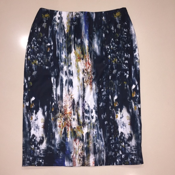 Lela Rose Abstract Art Pencil Skirt Navy Orange 4 - Picture 1 of 8